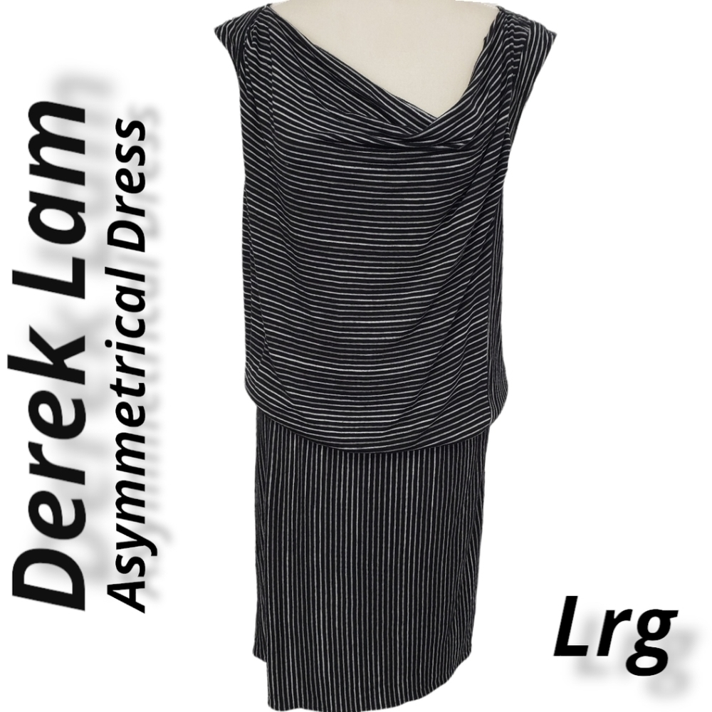Derek Lam Asymetrical Cowl Neck Stretch Knit Dress Black White Pinstripe L VGUC